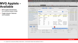 MVG Applets -
Available
Ø  MVG applet standardized
  to a common popup model
Ø  Toggle between Selected
  and Available




     21   Copyright © 2012, Oracle and/or its affiliates. All rights reserved.   Insert Information Protection Policy Classification from Slide 13
 