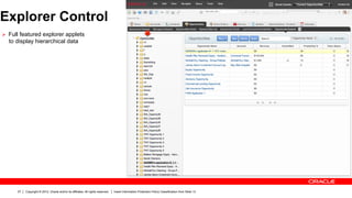 Explorer Control
Ø  Full featured explorer applets
  to display hierarchical data




      27   Copyright © 2012, Oracle and/or its affiliates. All rights reserved.   Insert Information Protection Policy Classification from Slide 13
 
