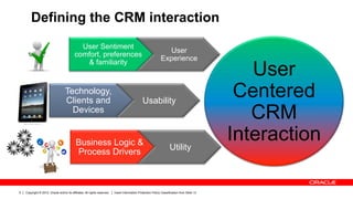 Defining the CRM interaction
                                             User Sentiment
                                                                                                                  User
                                           comfort, preferences
                                                                                                               Experience

                                                                                                                                                  User
                                              & familiarity


                                    Technology,
                                    Clients and                                                  Usability
                                                                                                                                                Centered
                                      Devices
                                                                                                                                                  CRM
                                            Business Logic &
                                                                                                                      Utility
                                                                                                                                               Interaction
                                            Process Drivers



5   Copyright © 2012, Oracle and/or its affiliates. All rights reserved.   Insert Information Protection Policy Classification from Slide 13
 