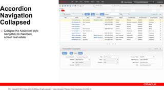 Accordion
Navigation
Collapsed
Ø  Collapse the Accordion style
  navigation to maximize
  screen real estate




      59   Copyright © 2012, Oracle and/or its affiliates. All rights reserved.   Insert Information Protection Policy Classification from Slide 13
 