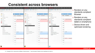 Consistent across browsers
                                                                                                                                               Ø  Renders on any
                                                                                                                                                 standards compliant
                                                                                                                                                 Browser
                                                                                                                                               Ø  Renders on any
                                                                                                                                                 standards compliant
                                                                                                                                                 tablet or smartphone
                                                                                                                                               Ø  Device driven and
                                                                                                                                                 optimized rendering




8   Copyright © 2012, Oracle and/or its affiliates. All rights reserved.   Insert Information Protection Policy Classification from Slide 13
 