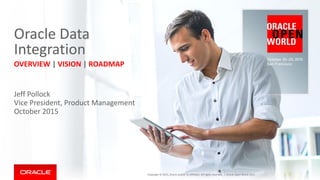 Oracle Data
Integration
OVERVIEW | VISION | ROADMAP
Jeff Pollock
Vice President, Product Management
October 2015
Oracle Open World 2015Copyright © 2015, Oracle and/or its affiliates. All rights reserved. |
 