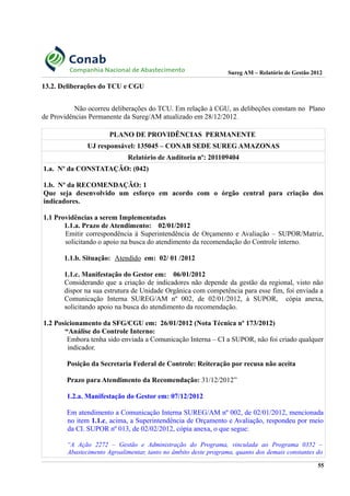 Sureg AM – Relatório de Gestão 2012
13.2. Deliberações do TCU e CGU
Não ocorreu deliberações do TCU. Em relação à CGU, as delibeções constam no Plano
de Providências Permanente da Sureg/AM atualizado em 28/12/2012.
PLANO DE PROVIDÊNCIAS PERMANENTE
UJ responsável: 135045 – CONAB SEDE SUREG AMAZONAS
Relatório de Auditoria nº: 201109404
1.a. Nº da CONSTATAÇÃO: (042)
1.b. Nº da RECOMENDAÇÃO: 1
Que seja desenvolvido um esforço em acordo com o órgão central para criação dos
indicadores.
1.1 Providências a serem Implementadas
1.1.a. Prazo de Atendimento: 02/01/2012
Emitir correspondência à Superintendência de Orçamento e Avaliação – SUPOR/Matriz,
solicitando o apoio na busca do atendimento da recomendação do Controle interno.
1.1.b. Situação: Atendido em: 02/ 01 /2012
1.1.c. Manifestação do Gestor em: 06/01/2012
Considerando que a criação de indicadores não depende da gestão da regional, visto não
dispor na sua estrutura de Unidade Orgânica com competência para esse fim, foi enviada a
Comunicação Interna SUREG/AM nº 002, de 02/01/2012, à SUPOR, cópia anexa,
solicitando apoio na busca do atendimento da recomendação.
1.2 Posicionamento da SFG/CGU em: 26/01/2012 (Nota Técnica nº 173/2012)
“Análise do Controle Interno:
Embora tenha sido enviada a Comunicação Interna – CI a SUPOR, não foi criado qualquer
indicador.
Posição da Secretaria Federal de Controle: Reiteração por recusa não aceita
Prazo para Atendimento da Recomendação: 31/12/2012”
1.2.a. Manifestação do Gestor em: 07/12/2012
Em atendimento a Comunicação Interna SUREG/AM nº 002, de 02/01/2012, mencionada
no item 1.1.c, acima, a Superintendência de Orçamento e Avaliação, respondeu por meio
da CI. SUPOR nº 013, de 02/02/2012, cópia anexa, o que segue:
“A Ação 2272 – Gestão e Administração do Programa, vinculada ao Programa 0352 –
Abastecimento Agroalimentar, tanto no âmbito deste programa, quanto dos demais constantes do
55
 