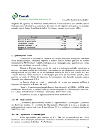 Sureg AM – Relatório de Gestão 2012
Programa de Aquisição de Alimentos, sendo permitida a individualização das referidas cédulas
efetuadas com aval solidário, e a ampliação do prazo em até 4 (quatro) anos para a sua quitação,
contados a partir da data de publicação da Lei. Os estoques resultam nos seguintes saldos:
Em R$ mil
Descrição
Exercício
2012 2011
Estoques de Mercadorias 2.115.378 3.198.419
Estoques de Almoxarifado 2.858 2.659
Materiais em Trânsito 14.012 10.954
Compra Antecipada - CPR 598.503 472.554
Estoques de Distribuição 239 833
Total 2.730.990 3.685.419
a) Equalização de Preços
A finalidade da Atividade de Formação de Estoques Públicos é de regular o mercado e
evitar desabastecimento, totalmente amparada e mantida com os recursos previstos na Portaria
Interministerial MF/MAPA nº 38/2004, sendo prevista a equalização para o equilíbrio das contas,
tornando nulo o resultado em caso de prejuízo.
Quando a diferença entre a receita de venda e o custo com aquisição, manutenção e
despesas com operacionalização, incluindo no custo as despesas que não puderam ser agregadas aos
correspondentes estoques antes de seu encerramento, resultar em déficit, este é equalizado pelo
Tesouro Nacional, sendo autorizada a amortização, por meio de lançamento contábil, desse
prejuízo, na conta de Débito de Operações Governamentais, não havendo, portanto, repasse
financeiro para cobertura do déficit.
A Receita obtida na venda e indenização de perdas dos estoques públicos é
integralmente repassada ao Tesouro Nacional.
Todas as despesas amparadas pela Portaria Interministerial MF/MAPA, 38/2004, estão
devidamente identificadas e contabilizadas no Sistema Integrado de Administração Financeira -
SIAFI, hoje, disponibilizadas no Portal de Transparência do Governo Federal.
No exercício de 2012, as equalizações totalizaram R$696.840 mil.
Nota 13 – Endividamento
A Companhia, periodicamente, informa ao Departamento de Coordenação e Governança
das Empresas Estatais, do Ministério do Planejamento, Orçamento e Gestão, a posição do
endividamento da empresa. Até o mês de dezembro de 2012, as obrigações circulantes, totalizavam
R$4.273.055 mil.
Nota 14 – Depósitos de Diversas Origens
Estão representados pelo montante de R$27.549 mil, correspondentes aos valores
recebidos a título de cauções, relacionadas à subvenção econômica à comercialização denominada
de Valor de Escoamento do Produto – VEP e Outros.
76
 