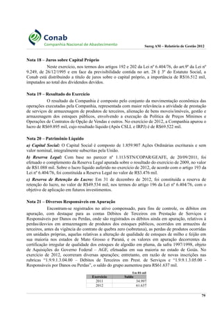 Sureg AM – Relatório de Gestão 2012
Nota 18 – Juros sobre Capital Próprio
Neste exercício, nos termos dos artigos 192 e 202 da Lei nº 6.404/76, do art.9º da Lei nº
9.249, de 26/12/1995 e em face da previsibilidade contida no art. 28 § 3º do Estatuto Social, a
Conab está distribuindo a título de juros sobre o capital próprio, a importância de R$16.512 mil,
imputados ao total dos dividendos devidos.
Nota 19 – Resultado do Exercício
O resultado da Companhia é composto pelo conjunto da movimentação econômica das
operações executadas pela Companhia, representada com maior relevância a atividade de prestação
de serviços de armazenagem de produtos de terceiros, alienação de bens moveis/imóveis, gestão e
armazenagem dos estoques públicos, envolvendo a execução da Política de Preços Mínimos e
Operações de Contratos de Opção de Vendas e outros. No exercício de 2012, a Companhia apurou o
lucro de R$69.895 mil, cujo resultado líquido (Após CSLL e IRPJ) é de R$69.522 mil.
Nota 20 – Patrimônio Líquido
a) Capital Social: O Capital Social é composto de 1.859.907 Ações Ordinárias escriturais e sem
valor nominal, integralmente subscritas pela União.
b) Reserva Legal: Com base no parecer nº 1.113/STN/COPAR/GEAFE, de 20/09/2011, foi
efetuado o complemento da Reserva Legal apurada sobre o resultado do exercício de 2009, no valor
de R$1.088 mil. Sobre o lucro líquido auferido no exercício de 2012, de acordo com o artigo 193 da
Lei nº 6.404/76, foi constituída a Reserva Legal no valor de R$3.476 mil.
c) Reserva de Retenção do Lucro: Em 31 de dezembro de 2012, foi constituída a reserva de
retenção do lucro, no valor de R$49.534 mil, nos termos do artigo 196 da Lei nº 6.404/76, com o
objetivo de aplicação em futuros investimentos.
Nota 21 – Diversos Responsáveis em Apuração
Encontram-se registrados no ativo compensado, para fins de controle, os débitos em
apuração, com destaque para as contas Débitos de Terceiros em Prestação de Serviços e
Responsáveis por Danos ou Perdas, onde são registrados os débitos ainda em apuração, relativos à
perdas/desvios em armazenagem de produtos dos estoques públicos, ocorridos em armazéns de
terceiros, antes da vigência do contrato de quebra zero (sobretaxa), as perdas de produtos ocorridas
em unidades próprias, aquelas relativas a alteração de qualidade de estoques de milho e feijão em
sua maioria nos estados de Mato Grosso e Paraná, e os valores em apuração decorrentes da
certificação irregular de qualidade dos estoques de algodão em pluma, da safra 1997/1998, objeto
de Aquisições do Governo Federal – AGF, efetuadas em sua maioria no estado de Goiás. No
exercício de 2012, ocorreram diversas apurações; entretanto, em razão de novas inscrições nas
rubricas “1.9.9.1.3.04.00 – Débitos de Terceiros em Prest. de Serviços e “1.9.9.1.3.05.00 -
Responsáveis por Danos ou Perdas”, o saldo do grupo aumentou para R$61.637 mil.
Em R$ mil
Exercício Saldo
2011 34.997
2012 61.637
79
 
