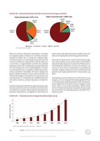 140 Conab | ACOMPANHAMENTO DA SAFRA BRASILEIRA DE GRÃOS | Quinto levantamento - fevereiro 2017
Acomp. safra bras. grãos, v. 4 - Safra 2016/17, n 5 - Quinto levantamento, fevereiro 2017
Gráfico 80 – Demanda total de retirada e de consumo de água no Brasil.
Gráfico 81 – Evolução da área irrigada brasileira (1960-2014)
Fonte: Agência Nacional de Águas
Vazão retirada total: 2.275,1 m3
/s
346,28
(15%)
503,27
(22%)
37,61
(2%)
135,38
(6%)
1.252,73
(55%)
69,26
(6%) 100,65
(8%)
18,80
(2%)
108,30
(9%)912,63
(75%)
Vazão consumida total: 1.209,6 m3/s
Dentre os diversos benefícios observados na prática
da irrigação, pode-se destacar o aumento da produ-
tividade na ordem de 2 a 3 vezes em relação à agri-
cultura de sequeiro, a otimização do uso do solo e de
insumos (máquinas, implementos, mão de obra etc.),
o aumento e a regularidade na oferta de produtos
agrícolas, o estímulo à implantação de agroindústrias
e a minimização de riscos meteorológicos e climáti-
cos. Vale lembrar que a irrigação, embora possa apre-
sentar excelentes resultados de forma isolada, em
geral é implementada em meio a outras melhorias no
“pacote tecnológico” do produtor, ou seja, tende a ser
acompanhada ou antecedida por aperfeiçoamentos
em outros insumos, serviços, máquinas e implemen-
tos.
Impulsionada pela expansão da agricultura para regi-
ões de características físico-climáticas menos favorá-
veis (total ou sazonal) e pelos próprios benefícios ob-
servados nesta prática, a irrigação se intensificou no
Brasil a partir das décadas de 1970 e 1980, tendo con-
tado com importantes estímulos governamentais.
Dessa forma,observa-se o crescimento da área irriga-
da a taxas médias anuais entre 4,4% e 7,3% desde a
década de 1960 (Figura 2). O avanço verificado nas úl-
timas décadas intensificou-se nos anos recentes: nos
últimos 15 anos foram incorporados 2,27 milhões de
hectares irrigados (Figura 3), marca semelhante à do
período 1970-1996 quando foram incorporados 2,33
Mha.
Cabe destacar que os métodos mais eficientes no uso
da água, como a irrigação localizada (gotejamento e
micro aspersão) e aspersão por pivô central,represen-
taram 69,4% do incremento de área irrigada no país
entre 2006 e 2014 (31,4% localizada e 38,0% pivôs).
Outros métodos de aspersão responderam por 30,4%
do incremento, com destaque para os carretéis enro-
ladores (15,7%).
Fonte: Censos Agropecuários (IBGE, 2006; 2009) e ANA (2015).
 