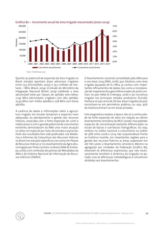 141Conab | ACOMPANHAMENTO DA SAFRA BRASILEIRA DE GRÃOS | Quinto levantamento - fevereiro 2017
Acomp. safra bras. grãos, v. 4 - Safra 2016/17, n 5 - Quinto levantamento, fevereiro 2017
Gráfico 82 – Incremento anual da área irrigada mecanizada (2000-2014)
Fonte: CSEI/Abimaq (2015)
Quanto ao potencial de expansão da área irrigada no
Brasil, estudos apontam áreas adicionais irrigáveis
entre 23,5 (Christofidis, 2005) e 75,2 milhões de hec-
tares – Mha (Brasil, 2014). O estudo do Ministério da
Integração Nacional (Brasil, 2014) subdivide a área
adicionável total por classes de aptidão solo-relevo:
21,95 Mha adicionáveis irrigáveis com alta aptidão;
25,45 Mha com média aptidão e 27,8 Mha com baixa
aptidão.
A carência de dados e informações sobre a agricul-
tura irrigada, em escalas temporais e espaciais mais
adequadas ao planejamento e gestão dos recursos
hídricos, associada com a forte expansão de curto e
médio prazo e com o grande potencial de crescimento
existente, demandaram da ANA uma maior atuação
no setor, em especial por meio de estudos e parcerias.
Parte dos resultados tem sido publicados nos Relató-
rios e Informes de Conjuntura dos Recursos Hídricos
no Brasil,em estudos específicos,tais como em Planos
de Recursos Hídricos e no Levantamento da Agricultu-
ra Irrigada por Pivôs Centrais no Brasil (ANA & Embra-
pa,2016),e em conteúdo dos portais de Metadados da
ANA e do Sistema Nacional de Informação de Recur-
sos Hídricos1 (SNIRH).
O levantamento nacional, consolidado pela ANA para
o ano-base 2014 (ANA, 2016), que totalizou uma área
irrigada equipada de 6,1 Mha, já contou com impor-
tantes refinamentos de dados, tais como a incorpora-
ção de mapeamentos georreferenciados de pivôs cen-
trais no país (ANA & Embrapa, 2016) e da rizicultura
irrigada nos principais estados produtores (Conab).
Destaca-se que cerca de 5% das áreas irrigadas do país
encontram-se em perímetros públicos, ou seja, 95%
do total encontram-se em áreas privadas.
Este diagnóstico revelou à época não só a continuida-
de da forte expansão do setor em relação ao último
levantamento censitário do IBGE (2006), mas padrões
espaciais de concentração bastante diferenciados na
escala de bacias e sub-bacias hidrográficas. Ou seja,
embora na média nacional o crescimento na ordem
de 36% entre 2006 e 2014 não surpreendesse frente
ao histórico recente, em importantes regiões para a
gestão dos recursos hídricos as áreas superaram em
até três vezes o levantamento censitário. Mesmo na
agregação por Unidades da Federação (Gráfico 83),
observam-se diferenças expressivas, que não neces-
sariamente remetem à dinâmica da irrigação no pe-
ríodo, mas às diferenças metodológicas e conceituais
atreladas aos levantamentos.
 
