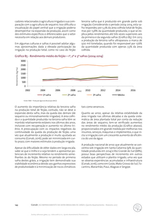144 Conab | ACOMPANHAMENTO DA SAFRA BRASILEIRA DE GRÃOS | Quinto levantamento - fevereiro 2017
Acomp. safra bras. grãos, v. 4 - Safra 2016/17, n 5 - Quinto levantamento, fevereiro 2017
Gráfico 85 - Rendimento médio do feijão – 1ª, 2ª e 3ª safras (2004-2014)
Fonte: PAM – Produção Agrícola Municipal (IBGE)
cadores relacionados à agricultura irrigada e sua com-
paração com a agricultura de sequeiro. Isso dificulta a
visualização do papel central que a irrigação poderia
desempenhar na expansão da produção, assim como
dos estímulos específicos e diferenciados que o setor
necessita em relação aos demais produtores.
Em algumas culturas e safras é possível adotar algu-
mas aproximações dada a elevada participação da
irrigação na produção total, como no caso do feijão
terceira safra que é produzido em grande parte sob
irrigação. Considerando o período 2004-2014, esta sa-
fra respondeu por 5,3% da área colhida total de feijão,
mas por 13,8% da quantidade produzida, o que se ex-
plica pelos rendimentos até três vezes superiores aos
da primeira e da segunda safras (Gráfico 85). Em 2013
a produção da terceira safra ultrapassou a marca de
500 mil toneladas, quando foi responsável por 17,6%
da quantidade produzida com apenas 7,3% da área
colhida.
0
500
1000
1500
2000
2500
3000
2002 2004 2006 2008 2010 2012 2014 2016
1ª safra 2ª safra 3ª safra Médio
O aumento da importância relativa da terceira safra
na produção total de feijão, contudo, não se deve à
expansão desta safra, mas da queda das demais (de
sequeiro ou minorativamente irrigadas). A área colhi-
da e a quantidade produzida na terceira safra têm se
mantido relativamente estáveis nos últimos dez anos,
inclusive com recuperação e aumento no último tri-
ênio. A preocupação com os impactos negativos da
continuidade da queda da produção de feijão, uma
vez que atualmente a produção é muito ajustada ao
consumo (Conab, 2016), pode ser minimizada em cur-
to prazo, com maiores estímulos à produção irrigada.
Apesar da dificuldade de obter dados em larga escala,
sabe-se que o milho e a soja tendem a apresentar po-
tenciais de incremento relativo no rendimento seme-
lhantes às do feijão. Mesmo no período de primeira
safra destes grãos, a irrigação tem demonstrado sua
viabilidade econômica devido aos ganhos expressivos
de produtividade e à minimização de riscos climáticos
tais como veranicos.
Quanto ao arroz, apesar da relativa estabilidade da
área irrigada nas últimas décadas e da queda siste-
mática de área plantada total por conta da redução
das áreas de sequeiro, tem-se verificado aumentos
no rendimento médio da produção (Gráfico abaixo),
proporcionados em grande medida por melhorias nos
insumos, serviços, máquinas e implementos, o que in-
clui a irrigação com um crescente aumento de eficiên-
cia do uso da água.
A produção nacional de arroz que atualmente se con-
centra sob irrigação em Santa Catarina (9% da quan-
tidade produzida em 2014) e Rio Grande do Sul (68%),
possui boas perspectivas de incremento em outros
estados que utilizam o plantio irrigado, uma vez que
se observa experiências acumuladas e infraestrutura
(Conab,2016),como em Goiás,Mato Grosso do Sul,To-
cantins, Maranhão, Piauí, Alagoas e Sergipe.
Rendimento(kg/ha)
ano
 