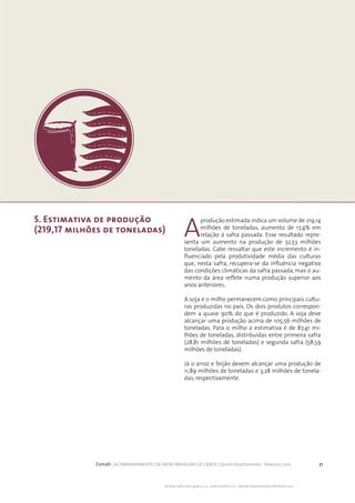 21Conab | ACOMPANHAMENTO DA SAFRA BRASILEIRA DE GRÃOS | Quinto levantamento - fevereiro 2017
Acomp. safra bras. grãos, v. 4 - Safra 2016/17, n 5 - Quinto levantamento, fevereiro 2017
5. Estimativa de produção
(219,17 milhões de toneladas) A
produção estimada indica um volume de 219,14
milhões de toneladas, aumento de 17,4% em
relação à safra passada. Esse resultado repre-
senta um aumento na produção de 32,53 milhões
toneladas. Cabe ressaltar que este incremento é in-
fluenciado pela produtividade média das culturas
que, nesta safra, recupera-se da influência negativa
das condições climáticas da safra passada, mas o au-
mento da área reflete numa produção superior aos
anos anteriores.
A soja e o milho permanecem como principais cultu-
ras produzidas no país. Os dois produtos correspon-
dem a quase 90% do que é produzido. A soja deve
alcançar uma produção acima de 105,56 milhões de
toneladas. Para o milho a estimativa é de 87,41 mi-
lhões de toneladas, distribuídas entre primeira safra
(28,81 milhões de toneladas) e segunda safra (58,59
milhões de toneladas).
Já o arroz e feijão devem alcançar uma produção de
11,89 milhões de toneladas e 3,28 milhões de tonela-
das, respectivamente.
 