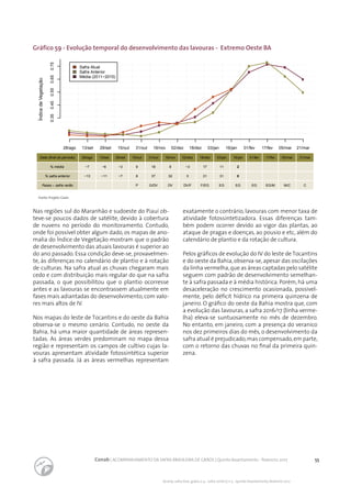 55Conab | ACOMPANHAMENTO DA SAFRA BRASILEIRA DE GRÃOS | Quinto levantamento - fevereiro 2017
Acomp. safra bras. grãos, v. 4 - Safra 2016/17, n 5 - Quinto levantamento, fevereiro 2017
Gráfico 59 - Evolução temporal do desenvolvimento das lavouras - Extremo Oeste BA
Fonte: Projeto Glam.
ÍndicedeVegetação
28/ago 13/set 29/set 15/out 31/out 16/nov 02/dez 18/dez 03/jan 16/jan 01/fev 17/fev 05/mar 21/mar
0.350.450.550.650.75
Safra Atual
Safra Anterior
Média (2011−2015)
Data (final do período) 28/ago
% média −7
% safra anterior −13
Fases – safra verão
13/set
−6
−11
29/set
−3
−7
15/out
9
8
P
31/out
18
37
G/DV
16/nov
8
32
DV
02/dez
−3
0
DV/F
18/dez
17
31
F/EG
03/jan
11
31
EG
16/jan
2
0
EG
01/fev
EG
17/fev
EG/M
05/mar
M/C
21/mar
C
Nas regiões sul do Maranhão e sudoeste do Piauí ob-
teve-se poucos dados de satélite, devido à cobertura
de nuvens no período do monitoramento. Contudo,
onde foi possível obter algum dado, os mapas de ano-
malia do Índice de Vegetação mostram que o padrão
de desenvolvimento das atuais lavouras é superior ao
do ano passado. Essa condição deve-se, provavelmen-
te, às diferenças no calendário de plantio e à rotação
de culturas. Na safra atual as chuvas chegaram mais
cedo e com distribuição mais regular do que na safra
passada, o que possibilitou que o plantio ocorresse
antes e as lavouras se encontrassem atualmente em
fases mais adiantadas do desenvolvimento, com valo-
res mais altos de IV.
Nos mapas do leste de Tocantins e do oeste da Bahia
observa-se o mesmo cenário. Contudo, no oeste da
Bahia, há uma maior quantidade de áreas represen-
tadas. As áreas verdes predominam no mapa dessa
região e representam os campos de cultivo cujas la-
vouras apresentam atividade fotossintética superior
à safra passada. Já as áreas vermelhas representam
exatamente o contrário, lavouras com menor taxa de
atividade fotossintetizadora. Essas diferenças tam-
bém podem ocorrer devido ao vigor das plantas, ao
ataque de pragas e doenças, ao pousio e etc, além do
calendário de plantio e da rotação de cultura.
Pelos gráficos de evolução do IV do leste de Tocantins
e do oeste da Bahia, observa-se, apesar das oscilações
da linha vermelha,que as áreas captadas pelo satélite
seguem com padrão de desenvolvimento semelhan-
te à safra passada e à média histórica. Porém, há uma
desaceleração no crescimento ocasionada, possivel-
mente, pelo déficit hídrico na primeira quinzena de
janeiro. O gráfico do oeste da Bahia mostra que, com
a evolução das lavouras, a safra 2016/17 (linha verme-
lha) eleva-se suntuosamente no mês de dezembro.
No entanto, em janeiro, com a presença do veranico
nos dez primeiros dias do mês, o desenvolvimento da
safra atual é prejudicado,mas compensado,em parte,
com o retorno das chuvas no final da primeira quin-
zena.
 