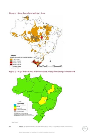 70 Conab | ACOMPANHAMENTO DA SAFRA BRASILEIRA DE GRÃOS | Quinto levantamento - fevereiro 2017
Acomp. safra bras. grãos, v. 4 - Safra 2016/17, n 5 - Quinto levantamento, fevereiro 2017
Figura 22 – Mapa da produção agrícola – Arroz
Fonte: Conab/IBGE.
Figura 23 – Mapa da estimativa de produtividade: Arroz (Safra 2016/17) – Janeiro/2016
Fonte: Conab.
 