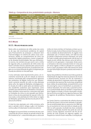 99Conab | ACOMPANHAMENTO DA SAFRA BRASILEIRA DE GRÃOS | Quinto levantamento - fevereiro 2017
Acomp. safra bras. grãos, v. 4 - Safra 2016/17, n 5 - Quinto levantamento, fevereiro 2017
REGIÃO/UF
ÁREA (Em mil ha) PRODUTIVIDADE (Em kg/ha) PRODUÇÃO (Em mil t)
Safra 15/16 Safra 16/17 VAR % Safra 15/16 Safra 16/17 VAR. % Safra 15/16 Safra 16/17 VAR %
(a) (b) (b/a) (c) (d) (d/c) (e) (f) (f/e)
NORDESTE 29,9 29,4 (1,7) 472 450 (4,7) 14,1 13,2 (6,4)
PI 0,6 0,2 (60,0) 500 494 (1,2) 0,3 0,1 (66,7)
CE 8,3 8,1 (2,1) 122 376 208,2 1,0 3,0 200,0
BA 21,0 21,1 0,5 610 478 (21,6) 12,8 10,1 (21,1)
SUDESTE 0,3 0,2 (33,3) 909 1.000 10,0 0,3 0,2 (33,3)
MG 0,3 0,2 (33,3) 909 1.000 10,0 0,3 0,2 (33,3)
NORTE/NORDESTE 29,9 29,4 (1,7) 472 450 (4,7) 14,1 13,2 (6,4)
CENTRO-SUL 0,3 0,2 (33,3) 909 1.000 10,0 0,3 0,2 (33,3)
BRASIL 30,2 29,6 (2,0) 477 454 (4,8) 14,4 13,4 (6,9)
Tabela 33 – Comparativo de área, produtividade e produção – Mamona
Fonte: Conab.
Nota: Estimativa em fevereiro/2017.
9.1.7. Milho
9.1.7.1. Milho primeira safra
Nesta safra os produtores de milho verão, tais como
os de soja, não encontraram problemas de capital
para financiamento da produção e utilizaram bom
nível tecnológico no sistema de cultivo. Essas carac-
terísticas, aliadas ao comportamento do clima nas
importantes regiões produtoras, criaram a expectati-
va de elevadas produtividades, fato que efetivamen-
te ocorreu. Ao contrário do que ocorre com o milho
de segunda safra, os produtores de milho verão não
fazem contratos futuros, optando pelo autoconsumo
ou mesmo a venda para terceiros, ao produzirem sila-
gem ou na comercialização do grão no disponível, por
ocasião da colheita no mercado local.
A área estimada neste levantamento previu um in-
cremento nacional de 31,7% em relação ao exercício
anterior, incentivado pelo comportamento agressivo
dos produtores da Região Centro-Sul, que apresen-
taram aumento previsto de 5,6% na área plantada
desta safra. Na região do Matopiba, estrategicamen-
te situada, de onde se pode optar por deslocar parte
dos excedentes produtivos para exportação, como
também para atendimento ao Nordeste, à exceção da
Bahia, devolveu nesse exercício, a área para soja após
as frustações do clima no ano passado, que estimu-
laram a troca da área plantada de soja por milho. Por
essa razão, a área plantada de milho verão na região
do Matopiba, apresentou decréscimo de 52% em rela-
ção ao ano anterior.
O total da área plantada com milho primeira safra
para o período 2016/17 atingiu 5.481,2 mil hectares,
contra 5.387,7 mil observado no exercício anterior.
Na Região Sul ocorrerá forte incremento de área, com
a previsão de 6,1% em relação ao período anterior. No
Rio Grande do Sul a área estimada para a cultura de
milho em torno de 805 mil hectares, já teve sua co-
lheita iniciada,muito embora existam lavouras em to-
dos os estádios de desenvolvimento. As regiões mais
adiantadas são a Fronteira Oeste, com 65% da área
já colhida e Depressão Central e Noroeste, com 40%.
Em todo o estado, aproximadamente 15% da área cul-
tivada já está colhida. Nas demais, cerca de 60% en-
contram-se em granação e maturação. Ainda assim,
a semeadura não está concluída tendo em vista que
em várias regiões o milho é cultivado em sucessão ao
fumo, à soja e ao próprio milho. Até mesmo em áreas
em que havia feijão sob pivô o produto está sendo se-
meado.
Apesar dos problemas climáticos ocorridos quando da
implantação de algumas lavouras (excesso de chuvas
e posteriormente, escassez em fins de novembro e
meados de dezembro), na grande maioria das regiões
as condições das lavouras são muito boas, projetando
boas médias de produtividade, provavelmente acima
de 7.000 kg/ha, caso se mantenham as previsões cli-
máticas favoráveis. Por outro lado, o possível aumen-
to na produtividade deve-se também à expansão da
área irrigada no estado. Já foram alcançados resulta-
dos acima de 9.000 kg/ha em algumas lavouras. Não
há registros de problemas fitossanitários importan-
tes.
Em Santa Catarina a estimativa de colheita alcançou
até final de janeiro 10% da área semeada. A perspec-
tiva de produtividade deve se aproximar de 7.880 kg/
ha, um aumento em torno de 7,5% em relação ao ob-
tido na safra passada, resultado das boas condições
climáticas verificadas durante boa parte do ciclo da
cultura. Chuvas regulares ocorreram até fins de de-
zembro de 2016, quando, em algumas regiões, sua
frequência e volume foram reduzidas. A situação per-
 