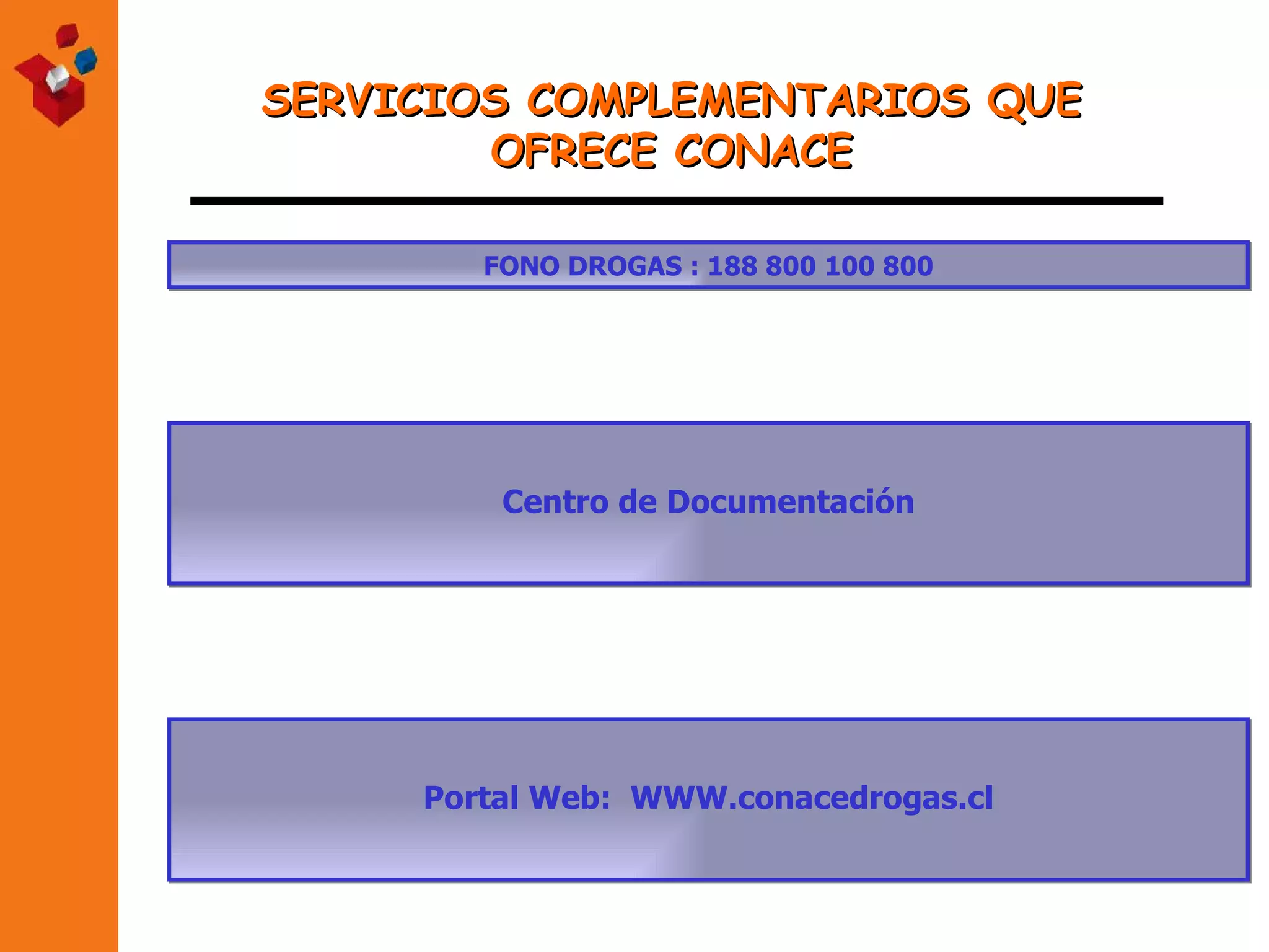 FONO DROGAS : 188 800 100 800 Centro de Documentación Portal Web:  WWW.conacedrogas.cl SERVICIOS COMPLEMENTARIOS QUE OFRECE CONACE 