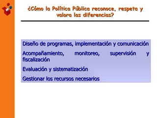 ¿Cómo la Política Pública reconoce, respeta y valora las diferencias? Diseño de programas, implementación y comunicación Acompañamiento, monitoreo, supervisión y fiscalización Evaluación y sistematización Gestionar los recursos necesarios 