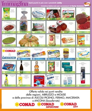 2012 - 2013

                                                                                         Tanti punti in più con i prodotti Jolly
                                                                                                                    Iniziativa Valida solo per i possessori di Carta Insieme
                                                                   ORZO PERLATO                                                 SALAME ABRUZZESE/AQUILANO
                                                                                                  FORMAGGIO SPALMABILE           CASTELCASTAGNA 300 g circa           PETALI DI PARMA PARMAREGGIO              GRANBRESAOLA
                                                                   FERTITECNICA                  PHILADELPHIA KRAFT 250 g                                                          100 g                           TORO
                                   ARACHIDI                         busta 500 g
                                    GUSCIO                                                                                                                                                                       PAGANONI
                                 TOSTATE BIO
                                  busta 300 g




                75    punti           1
                                 confezioni                                                    40    punti           1
                                                                                                                confezione      30      punti      ogni 300 g
                                                                                                                                                    di prodotto       40    punti           1
                                                                                                                                                                                       confezione


                 POMODORI SECCHI SOTT’ OLIO                                                    SQUAQUERELLO NONNO NANNI
                      MONTALBANO                                                                                                                                                       LONZINO
                                                                                                                                                                                     STAGIONATO
                                                                                                                                                                                         SALPI




                20    punti     ogni 200 g
                                di prodotto             20        punti             1
                                                                               confezioni      60    punti      ogni 250 g
                                                                                                                di prodotto                                           30    punti     ogni 200 g
                                                                                                                                                                                       di prodotto      50     punti     ogni 200 g
                                                                                                                                                                                                                         di prodotto


                   PESTO ALLA GENOVESE                                                                                                                                 SAVOIARDI VICENZOVO 200 g                              ORZO
                         FRES.CO                                                                               TRECCIONE                               BISCOTTI                                                            3 GOBBETTI
                                                                                                              AFFUMICATO                               SALTARI                                                               classico,
                                                                                                                 ALIVAL                                vari tipi,                                                              anice
                                                                                                                                                         700 g                                                                500 g,
                                                                                                                                                                                                                              cialde
                                                                                                                                                                                                                             30 pezzi




                20    punti     ogni 200 g
                                di prodotto                                                    40    punti      ogni 300 g
                                                                                                                di prodotto     35      punti            1
                                                                                                                                                    confezione        15    punti           1
                                                                                                                                                                                       confezione       20     punti             1
                                                                                                                                                                                                                         confezione

                                                              TONNO ALL’OLIO DI OLIVA                                          FILETTI DI SGOMBRO ALL’OLIO DI OLIVA                                      CAMOMILLA SETACCIATA
                   SCOPRI IL SAPORE CON                        NOSTROMO 160 g x 2
                                                                                                 TONNO ALL’ OLIO DI OLIVA
                                                                                                                                           NOSTROMO 120 g                                FILETTI DI
                                                                                                  NOSTROMO IPOSODICO                                                                                         MONTANIA
                                                                                                                                                                                        ACCIUGHE
                                                                                                    80 g x 3 + 1 gratis                                                                                        18 filtri
                                                                                                                                                                                         ALL’OLIO
                                                                                                                                                                                         DI OLIVA
                                                                                                                                                                                        NOSTROMO




                              &
                                                                                                                                                                                            80 g




                                                        30        punti             1
                                                                               confezione      25    punti           1
                                                                                                                confezione      15      punti            1
                                                                                                                                                    confezione        20    punti           1
                                                                                                                                                                                       confezione       35    punti           1
                                                                                                                                                                                                                         confezione


                BISCOTTO GELATO MAXIBON MOTTA                                                                                                                                            MASCHERA
                                                                                                                 BIRRA LAGER
                         4 pezzi, 408 g                                     PROSECCO                                                                   CIBO PER                           PANTENE
                                                                                                                    FISCHER                                                                                      SCHIUMA
                                                                            SUPERIORE                                 65 cl                              CANI                              vari tipi,        DA BARBA CLASSICA
                                                                          VALDOBBIADENE                                                                FRISKIES                             200 ml                GILLETTE
                                                                          DOCG TENIMENTI                                                               VITALITY
                                                                                                                                                                                                                   300 ml
                                                                              DOGALI                                                                    manzo
                                                                               75 cl                                                                    400 g




                50    punti           1
                                 confezione             60        punti             1
                                                                                 bottiglia     40    punti           1
                                                                                                                  bottiglia     30      punti            2
                                                                                                                                                    confezioni        100   punti           1
                                                                                                                                                                                       confezione

                                SGRASSATORE                                                                                                                              DETERGENTE INTIMO LYCIA
                                SMAC TRIGGER                                DETERGENTE
                                                                                SVELTO                                                              TOVAGLIOLI                neutro, 250 ml
                                   750 ml
                                                                           MICROGRANULI                                                              SCOTTEX
                                                                          varie profumazioni                                                           2 veli,
                                                                                 750 m                                                               33 pezzi,
                                                                                                                                                     33x33 cm




                60    punti          1
                                confezione              40        punti             1
                                                                               confezione                                       25      punti            1
                                                                                                                                                    confezione        120   punti           1
                                                                                                                                                                                       confezione       50     punti             1
                                                                                                                                                                                                                         confezione




                                                        Offerta valida nei punti vendita
                                                     delle regioni, ABRUZZO e MOLISE
                                         e delle province di ASCOLI PICENO, FERMO, MACERATA
                                                           e ANCONA (Sassoferrato)
www.adplan.it
 