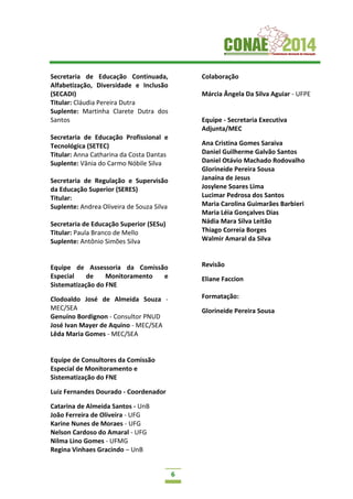 6
Secretaria de Educação Continuada,
Alfabetização, Diversidade e Inclusão
(SECADI)
Titular: Cláudia Pereira Dutra
Suplente: Martinha Clarete Dutra dos
Santos
Secretaria de Educação Profissional e
Tecnológica (SETEC)
Titular: Anna Catharina da Costa Dantas
Suplente: Vânia do Carmo Nóbile Silva
Secretaria de Regulação e Supervisão
da Educação Superior (SERES)
Titular:
Suplente: Andrea Oliveira de Souza Silva
Secretaria de Educação Superior (SESu)
Titular: Paula Branco de Mello
Suplente: Antônio Simões Silva
Equipe de Assessoria da Comissão
Especial de Monitoramento e
Sistematização do FNE
Clodoaldo José de Almeida Souza -
MEC/SEA
Genuíno Bordignon - Consultor PNUD
José Ivan Mayer de Aquino - MEC/SEA
Lêda Maria Gomes - MEC/SEA
Equipe de Consultores da Comissão
Especial de Monitoramento e
Sistematização do FNE
Luiz Fernandes Dourado - Coordenador
Catarina de Almeida Santos - UnB
João Ferreira de Oliveira - UFG
Karine Nunes de Moraes - UFG
Nelson Cardoso do Amaral - UFG
Nilma Lino Gomes - UFMG
Regina Vinhaes Gracindo – UnB
Colaboração
Márcia Ângela Da Silva Aguiar - UFPE
Equipe - Secretaria Executiva
Adjunta/MEC
Ana Cristina Gomes Saraiva
Daniel Guilherme Galvão Santos
Daniel Otávio Machado Rodovalho
Glorineide Pereira Sousa
Janaína de Jesus
Josylene Soares Lima
Lucimar Pedrosa dos Santos
Maria Carolina Guimarães Barbieri
Maria Léia Gonçalves Dias
Nádia Mara Silva Leitão
Thiago Correia Borges
Walmir Amaral da Silva
Revisão
Eliane Faccion
Formatação:
Glorineide Pereira Sousa
 