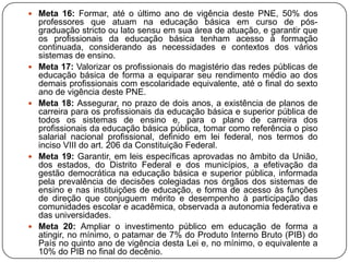  Meta 16: Formar, até o último ano de vigência deste PNE, 50% dos
professores que atuam na educação básica em curso de pós-
graduação stricto ou lato sensu em sua área de atuação, e garantir que
os profissionais da educação básica tenham acesso à formação
continuada, considerando as necessidades e contextos dos vários
sistemas de ensino.
 Meta 17: Valorizar os profissionais do magistério das redes públicas de
educação básica de forma a equiparar seu rendimento médio ao dos
demais profissionais com escolaridade equivalente, até o final do sexto
ano de vigência deste PNE.
 Meta 18: Assegurar, no prazo de dois anos, a existência de planos de
carreira para os profissionais da educação básica e superior pública de
todos os sistemas de ensino e, para o plano de carreira dos
profissionais da educação básica pública, tomar como referência o piso
salarial nacional profissional, definido em lei federal, nos termos do
inciso VIII do art. 206 da Constituição Federal.
 Meta 19: Garantir, em leis específicas aprovadas no âmbito da União,
dos estados, do Distrito Federal e dos municípios, a efetivação da
gestão democrática na educação básica e superior pública, informada
pela prevalência de decisões colegiadas nos órgãos dos sistemas de
ensino e nas instituições de educação, e forma de acesso às funções
de direção que conjuguem mérito e desempenho à participação das
comunidades escolar e acadêmica, observada a autonomia federativa e
das universidades.
 Meta 20: Ampliar o investimento público em educação de forma a
atingir, no mínimo, o patamar de 7% do Produto Interno Bruto (PIB) do
País no quinto ano de vigência desta Lei e, no mínimo, o equivalente a
10% do PIB no final do decênio.
 