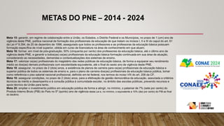 METAS DO PNE – 2014 - 2024
Meta 15: garantir, em regime de colaboração entre a União, os Estados, o Distrito Federal e os Municípios, no prazo de 1 (um) ano de
vigência deste PNE, política nacional de formação dos profissionais da educação de que tratam os incisos I, II e III do caput do art. 61
da Lei nº 9.394, de 20 de dezembro de 1996, assegurado que todos os professores e as professoras da educação básica possuam
formação específica de nível superior, obtida em curso de licenciatura na área de conhecimento em que atuam.
Meta 16: formar, em nível de pós-graduação, 50% (cinquenta por cento) dos professores da educação básica, até o último ano de
vigência deste PNE, e garantir a todos(as) os(as) profissionais da educação básica formação continuada em sua área de atuação,
considerando as necessidades, demandas e contextualizações dos sistemas de ensino.
Meta 17: valorizar os(as) profissionais do magistério das redes públicas de educação básica, de forma a equiparar seu rendimento
médio ao dos(as) demais profissionais com escolaridade equivalente, até o final do sexto ano de vigência deste PNE.
Meta 18: assegurar, no prazo de 2 (dois) anos, a existência de planos de carreira para os(as) profissionais da educação básica e
superior pública de todos os sistemas de ensino e, para o plano de carreira dos(as) profissionais da educação básica pública, tomar
como referência o piso salarial nacional profissional, definido em lei federal, nos termos do inciso VIII do art. 206 da CF.
Meta 19: assegurar condições, no prazo de 2 (dois) anos, para a efetivação da gestão democrática da educação, associada a critérios
técnicos de mérito e desempenho e à consulta pública à comunidade escolar, no âmbito das escolas públicas, prevendo recursos e
apoio técnico da União para tanto.
Meta 20: ampliar o investimento público em educação pública de forma a atingir, no mínimo, o patamar de 7% (sete por cento) do
Produto Interno Bruto (PIB) do País no 5º (quinto) ano de vigência desta Lei e, no mínimo, o equivalente a 10% (dez por cento) do PIB ao final
do decênio.
 