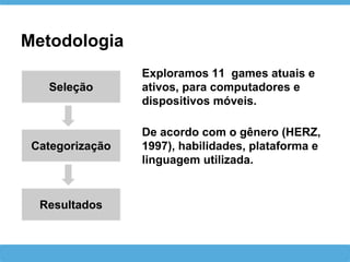Metodologia
Seleção
Categorização
Resultados
De acordo com o gênero (HERZ,
1997), habilidades, plataforma e
linguagem utilizada.
Exploramos 11 games atuais e
ativos, para computadores e
dispositivos móveis.
 