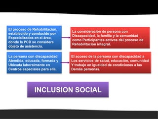 El proceso de Rehabilitación,
                                La consideración de persona con
establecido y conducido por
                                Discapacidad, la familia y la comunidad
Especializados en el área,
                                como Participantes activos del proceso de
donde la PCD se considera
                                Rehabilitación integral.
objeto de asistencia.

La persona con discapacidad     El acceso de la persona con discapacidad a
Atendida, educada, formada y    Los servicios de salud, educación, comunidad
Ubicada laboralmente en         Y trabajo en igualdad de condiciones a las
Centros especiales para ella.   Demás personas.




               INCLUSION SOCIAL
 