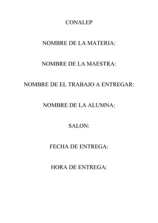 CONALEP<br />NOMBRE DE LA MATERIA:<br />NOMBRE DE LA MAESTRA:<br />NOMBRE DE EL TRABAJO A ENTREGAR:<br />NOMBRE DE LA ALUMNA:<br />SALON:<br />FECHA DE ENTREGA:<br />HORA DE ENTREGA:<br />PROPIEDADES FISICAS Y QUIMICAS DE LA MATERIA Y ENERJIA:    físicas: Es el caso de densidad, el punto de fusión, el punto de ebullición, el coeficiente de solubilidad, el índice de refracción, el modulo de Young y las propiedades organolépticas.      <br />Las químicas:<br />Están constituidas por el comportamiento de las sustancias al combinarse con otras, y los cambios al combinarse con su estructura intima como consecuencia de los efectos de diferentes clases de energía. Ejemplos Corrosividad de ácidos, Poder, calorífico, Acidez etc.   <br />Los cambios físicos y químicos se presentan sin que se altere la composición de la sustancia un ejemplo es olor, color, forma, masa etc.<br />Los cambios químicos se presenta: solo cuando la composición de la sustancia se modifica ejemplo: la oxidación de hierro, la fermentación, la putrefacion.etc<br />Energía: todos los cambios físicos y químicos están acompañados de energía ejemplos para un cambio de estado  la sustancia debe absorber o liberar energía, tu cuerpo necesita energía para realizar sus actividades diarias, El automóvil necesita energía para moverse y funcionar energía es la capacidad para realizar un trabajo o para transferir calor. Las propiedades químicas son las que pueden ser observadas solo cuando una sustancia sufre en un cambio de su composición de la sustancia. Propiedades físicas son aquellas que se pueden medir u observar sin alterar la composición de la sustancia pueda reaccionar con otra.<br />Ley de conservación de la materia: como echo científico la idea de que la masa se conserva se remonta al químico lavocier, el científico francés considerado el padre de la química moderna que midió cuidadosamente la masa de las sustancias antes y después de intervenir en una reacción química y llego ala conclusión de que la materia medida por la masa no se crea ni se destruye sino que solo se transforma en el uso de las reacciones. El termino energía tiene diversas acepciones, y definiciones asociadas con la idea de una capacidad para obrar, transformar o poner en movimiento. En física energía se define como la capacidad para realizar un trabajo.<br />Química: cuestión de muestras de partículas materia es un instrumento para medir las propiedades tales como la concentración en la masa o composición química. Una propiedad material puede ser una constante o puede ser una función de uno o mas independiente. La materia en química se refiere al comportamiento de la reacción de la estructura.asi como los cambios que sufre al transformarse en forma química. Estos se incluyen química inorgánica el estudio de la inorgánica en la materia, química orgánica el estudio de organismos, biológicos físico química orgánica, estudiada a base del carbono. De la materia de bioquímica el estudio de procesos químicos utilizando conceptos químicos tales como termo dinámica y la mecánica cuántica y la química analítica. El análisis de muestras de materiales para tener una mejor composición y comprensión de su estructura.<br />La materia es un termino general para la sustancia de la cual todos los objetos físicos consisten por lo general la materia incluye los átomos y otras partículas que tienen masa. Una forma común de definir la materia es como todo lo que tiene masa y ocupa volumen. En la práctica sin embargo no hay un solo científico correcto de la materia, como campos diferentes utilizan el término y a veces en formas incompatibles y a veces en formas diferentes. La Química trata de la materia en lo que se refiere a su naturaleza, composición y transformación. No puede darse una definición de la materia mediante conceptos corrientes y, análogamente a las categorías de espacio y tiempo de las que tenemos idea por sus cualidades, es más sencillo describir la materia por las propiedades que son comunes a todos los cuerpos materiales. La idea de extensión, natural en los sólidos y líquidos, desaparece, en realidad se transforma, en los gases y. por ello, es mejor hablar de la inercia cualidad por la que los cuerpos materiales ofrecen resistencia a modificar su estado de reposo o de movimiento. Del esfuerzo necesario para vencer la inercia adquirimos la idea de masa, definida por la expresión F = m. a (2º ley de Newton). La cantidad de materia de un cuerpo viene medida por su masa<br />Los cuerpos que nos rodean se encuentran en el campo de atracción de la Tierra que ejerce sobre ellos una fuerza que es su peso Puesto que la aceleración de la gravedad en cualquier punto de la superficie de la Tierra es prácticamente constante, también lo es el peso de un cuerpo que se expresa por el mismo número que representa su masa; esto es, a la unidad de masa 1 Kg le corresponde la unidad de peso 1 kp. Esto hace que los términos masa y peso se utilicen indistintamente al referirse a un cuerpo determinado, por lo que, frecuentemente, se confunden.<br />La distinción entre masa y peso queda aclarada si pensamos que la masa de un cuerpo cualquiera es invariable lo mismo si la tenemos sobre la Tierra que si la imaginamos sobre la Luna o en un punto del espacio interestelar, mientras que su peso, prácticamente el mismo en cualquier sitio de la superficie de la Tierra, sería de una sexta parte escasamente en la Luna y nulo en el espacio interestelar. No obstante, su resistencia a cambiar su estado de movimiento sería la misma en cualquier lugar del espacio. Una persona de masa 73 kg cuyo peso en la Tierra será de 73 Kp, situada en la Luna, experimentaría la sensación de que pesaba únicamente I2 kp.<br />Las distintas formas de materia se diferencian mediante ciertas cualidades que afectan directa o indirectamente a nuestros sentidos las cuales se denominan propiedades físicas, y no afectan a la naturaleza intima de la materia. Si estas propiedades son características de un cuerpo determinado se llaman propiedades especificas, tal como el color, olor, sabor, solubilidad, densidad, conductividad del calor y de la electricidad, brillo, transparencia, dureza, maleabilidad, ductilidad, estructura cristalina, punto de fusión, punto de ebullición, etc. Así, por ejemplo, el cobre, el oro y la plata se distinguen por su color; el agua, el alcohol y la gasolina por su olor; la sal y el azúcar, por su sabor; los carbonatos de sodio y de calcio, por su solubilidad; el plomo y el aluminio, por su densidad; el vidrio y el diamante, por su dureza, etc.<br />Si las propiedades dependen de la cantidad de muestra investigada se denominan propiedades extensivas tal como: el peso, el volumen, el tamaño, etc. Hay propiedades que pueden cambiar en una misma muestra, tal como la presión, la temperatura, el estado de reposo o de movimiento, la carga eléctrica, etc., <br />Las propiedades químicas de los cuerpos se ponen de manifiesto cuando se transforman en otros distintos. La acción de los ácidos sobre la mayoría de los metales corresponde a una propiedad general de los ácidos. La combustión del carbón y la oxidación del hierro expresan una propiedad química de estos cuerpos al transformarse en otros distintos, Los métodos de determinación de las propiedades químicas de los cuerpos constituyen la base del análisis químico.<br />En física, la materia es aquello de lo que están hechos los objetos que forman el Universo que observamos. Si bien durante un tiempo se consideraba que la materia tenía dos propiedades que juntas la caracterizan: que ocupa un lugar en el espacio y que tiene masa, en el contexto de la física moderna se entiende por materia cualquier campo, entidad o discontinuidad que se propaga a través del espacio-tiempo a una velocidad inferior a la de la luz y a la que se pueda asociar energía. Así todas las formas de materia tienen asociadas una cierta energía pero sólo algunas formas de materia tienen masa.También se puede dar un concepto filosófico de lo que es materia y nos dice que desde el comienzo de la filosofía, y en casi todas las culturas, se encuentra este concepto vagamente formulado como lo que permanece por debajo de las apariencias cambiantes de las cosas de la naturaleza.Según esto todo está dado en sus diversas y cambiantes apariencias en un soporte o entidad en la que radica el movimiento y cambio de las cosas: la materia.“La materia es la masa de la que todo sale y a la que todo vuelve, ligada desde el comienzo con lo sensible, y en oposición a lo que no se ve por los sentidos, la vida, el espíritu, la inteligencia”.<br />                   <br />