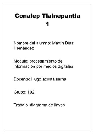 Conalep Tlalnepantla
1
Nombre del alumno: Martín Díaz
Hernández
Modulo: procesamiento de
información por medios digitales
Docente: Hugo acosta serna
Grupo: 102
Trabajo: diagrama de llaves
 