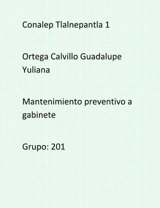 Conalep Tlalnepantla 1
Ortega Calvillo Guadalupe
Yuliana
Mantenimiento preventivo a
gabinete
Grupo: 201
 