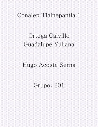Conalep Tlalnepantla 1
Ortega Calvillo
Guadalupe Yuliana
Hugo Acosta Serna
Grupo: 201
 