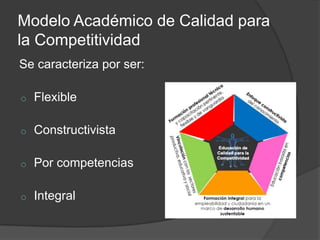 Modelo Académico de Calidad para
la Competitividad
Se caracteriza por ser:
o

Flexible

o

Constructivista

o

Por competencias

o

Integral

 