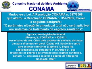 Conselho Nacional do Meio Ambiente

CONAMA
Mudou-se a Lei. A Resolução CONAMA n. 397/2008,
que alterou a Resolução CONAMA n. 357/2005, trouxe
o seguinte parágrafo:
“O parâmetro nitrogênio amoniacal total não será aplicável
em sistemas de tratamento de esgotos sanitários”.
Agora a nova legislação federal
(Resolução CONAMA n. 430/2011)
escancarou de vez. Criou dois padrões de emissão distintos,
um para efluentes em geral (Capítulo II, Seção II) e outro
para esgotos sanitários (Capítulo II, Seção III).
Explicitamente, no parágrafo 1º do Artigo 21, que
estabelece os padrões de emissão para esgotos sanitários,
consta: “… não sendo exigível o padrão de nitrogênio
amoniacal total”.

 