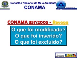 Conselho Nacional do Meio Ambiente

CONAMA
CONAMA 357/2005 - Revoga

O que foi modificado?
O que foi inserido?
O que foi excluído?

 