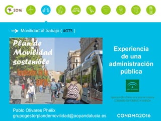Movilidad al trabajo ( #GT5 )
Pablo Olivares Phélix
grupogestorplandemovilidad@aopandalucia.es
Experiencia
de una
administración
pública
 