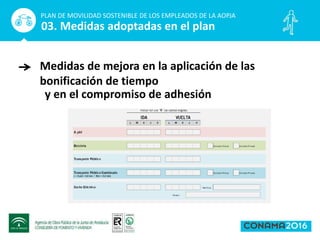 Medidas de mejora en la aplicación de las
bonificación de tiempo
PLAN DE MOVILIDAD SOSTENIBLE DE LOS EMPLEADOS DE LA AOPJA
03. Medidas adoptadas en el plan
y en el compromiso de adhesión
 