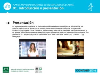Presentación
PLAN DE MOVILIDAD SOSTENIBLE DE LOS EMPLEADOS DE LA AOPJA
01. Introducción y presentación
La Agencia de Obra Pública de la Junta de Andalucía es el instrumento para el desarrollo de las
políticas de la Junta de Andalucía en materia de infraestructuras de transporte, incluyendo la
construcción y explotación de carreteras, ferrocarriles y servicios de transporte mediante ferrocarril, y
en general las infraestructuras de obra pública y equipamientos públicos, presentando actualmente una
plantilla de 111 empleados públicos distribuidos en la sede central de Sevilla (95), Granada (13) y
Málaga (3).
 