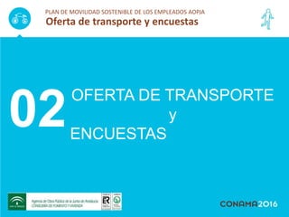 OFERTA DE TRANSPORTE
y
ENCUESTAS
02
PLAN DE MOVILIDAD SOSTENIBLE DE LOS EMPLEADOS AOPJA
Oferta de transporte y encuestas
 