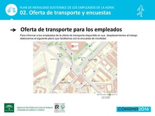 Oferta de transporte para los empleados
PLAN DE MOVILIDAD SOSTENIBLE DE LOS EMPLEADOS DE LA AOPJA
02. Oferta de transporte y encuestas
Para informar a los empleados de la oferta de transporte disponible en sus desplazamientos al trabajo
elaboramos el siguiente plano que facilitamos con la encuesta de movilidad
 