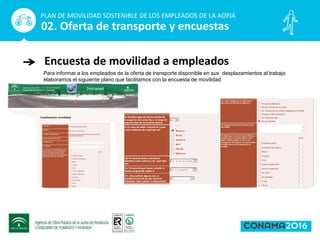 Encuesta de movilidad a empleados
PLAN DE MOVILIDAD SOSTENIBLE DE LOS EMPLEADOS DE LA AOPJA
02. Oferta de transporte y encuestas
Para informar a los empleados de la oferta de transporte disponible en sus desplazamientos al trabajo
elaboramos el siguiente plano que facilitamos con la encuesta de movilidad
 