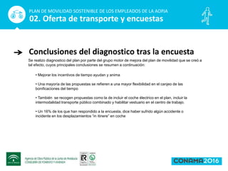 Conclusiones del diagnostico tras la encuesta
PLAN DE MOVILIDAD SOSTENIBLE DE LOS EMPLEADOS DE LA AOPJA
02. Oferta de transporte y encuestas
Se realizo diagnostico del plan por parte del grupo motor de mejora del plan de movilidad que se creó a
tal efecto, cuyos principales conclusiones se resumen a continuación:
• Mejorar los incentivos de tiempo ayudan y anima
• Una mayoría de las propuestas se refieren a una mayor flexibilidad en el canjeo de las
bonificaciones del tiempo
• También se recogen propuestas como la de incluir el coche électrico en el plan, incluir la
intermodalidad transporte público combinado y habilitar vestuario en el centro de trabajo.
• Un 16% de los que han respondido a la encuesta, dice haber sufrido algún accidente o
incidente en los desplazamientos “in itinere” en coche
 