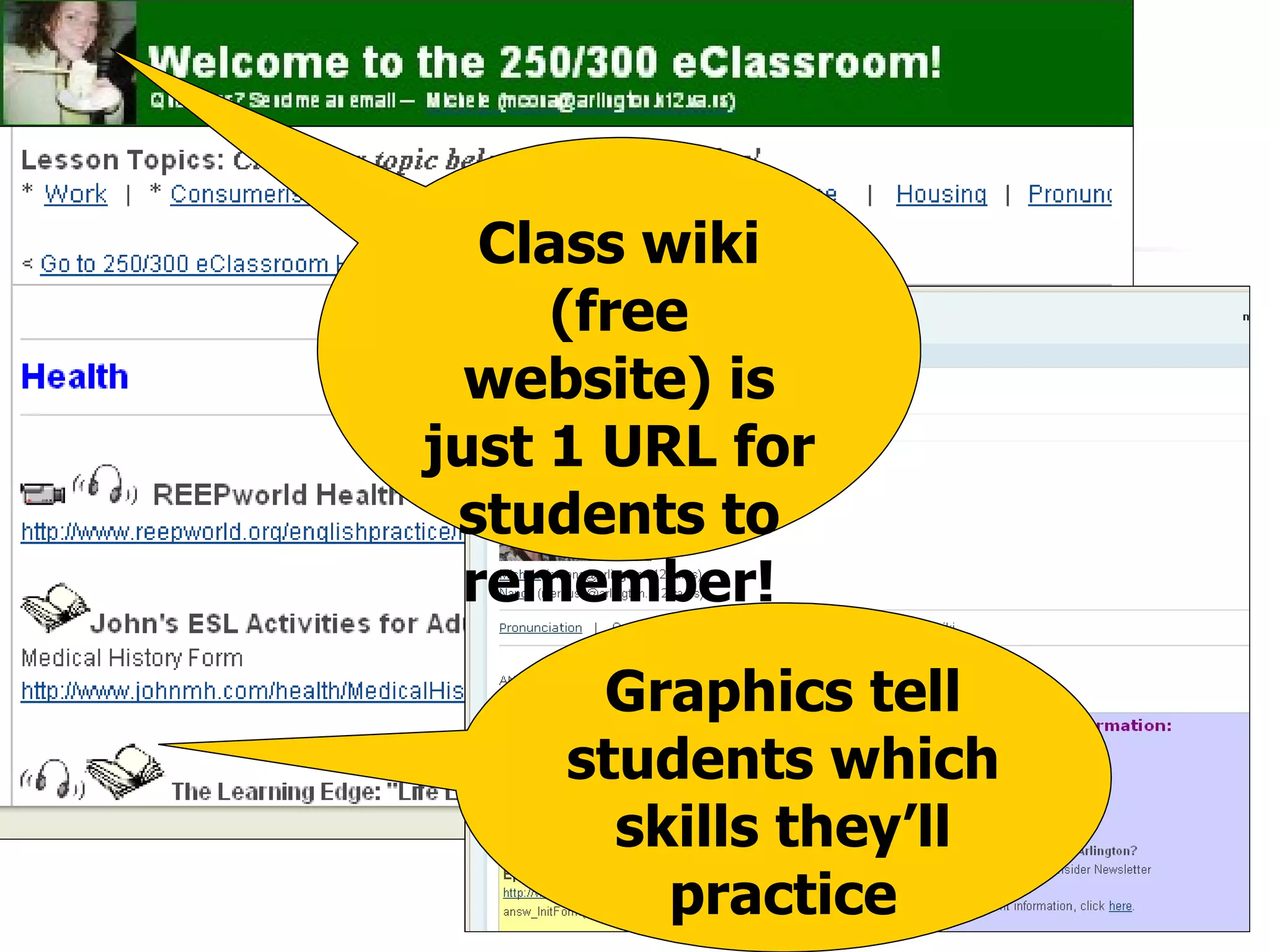 Class wiki (free website) is just 1 URL for students to remember! Graphics tell students which skills they’ll practice 