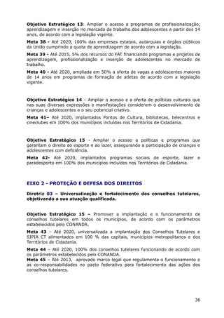 Objetivo Estratégico 13: Ampliar o acesso a programas de profissionalização,
aprendizagem e inserção no mercado de trabalho dos adolescentes a partir dos 14
anos, de acordo com a legislação vigente.
Meta 38 - Até 2020, 100% das empresas estatais, autarquias e órgãos públicos
da União cumprindo a quota de aprendizagem de acordo com a legislação.
Meta 39 - Até 2015, 5% dos recursos do FAT financiando programas e projetos de
aprendizagem, profissionalização e inserção de adolescentes no mercado de
trabalho.
Meta 40 - Até 2020, ampliada em 50% a oferta de vagas a adolescentes maiores
de 14 anos em programas de formação de atletas de acordo com a legislação
vigente.



Objetivo Estratégico 14 – Ampliar o acesso e a oferta de políticas culturais que
nas suas diversas expressões e manifestações considerem o desenvolvimento de
crianças e adolescentes e o seu potencial criativo.
Meta 41– Até 2020, implantados Pontos de Cultura, bibliotecas, telecentros e
cineclubes em 100% dos municípios incluídos nos Territórios de Cidadania.



Objetivo Estratégico 15 - Ampliar o acesso a políticas e programas que
garantam o direito ao esporte e ao lazer, assegurando a participação de crianças e
adolescentes com deficiência.
Meta 42- Até 2020, implantados programas sociais de esporte, lazer e
paradesporto em 100% dos municípios incluídos nos Territórios de Cidadania.



EIXO 2 - PROTEÇÃO E DEFESA DOS DIREITOS

Diretriz 03 – Universalização e fortalecimento dos conselhos tutelares,
objetivando a sua atuação qualificada.


Objetivo Estratégico 15 – Promover a implantação e o funcionamento de
conselhos tutelares em todos os municípios, de acordo com os parâmetros
estabelecidos pelo CONANDA.
Meta 43 – Até 2020, universalizada a implantação dos Conselhos Tutelares e
SIPIA CT alimentados em 100 % das capitais, municípios metropolitanos e dos
Territórios de Cidadania.
Meta 44 – Até 2020, 100% dos conselhos tutelares funcionando de acordo com
os parâmetros estabelecidos pelo CONANDA.
Meta 45 – Até 2013, aprovado marco legal que regulamenta o funcionamento e
as co-responsabilidades no pacto federativo para fortalecimento das ações dos
conselhos tutelares.




                                                                               36
 