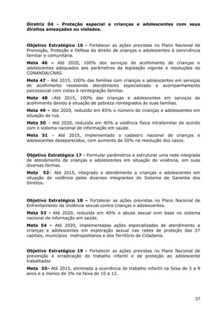 Diretriz 04 - Proteção especial a crianças e adolescentes com seus
direitos ameaçados ou violados.
Objetivo Estratégico 16 - Fortalecer as ações previstas no Plano Nacional de
Promoção, Proteção e Defesa do direito de crianças e adolescentes à convivência
familiar e comunitária.
Meta 46 – Até 2020, 100% dos serviços de acolhimento de crianças e
adolescentes adequados aos parâmetros da legislação vigente e resoluções do
CONANDA/CNAS.
Meta 47 - Até 2015, 100% das famílias com crianças e adolescentes em serviços
de acolhimento recebendo atendimento especializado e acompanhamento
psicossocial com vistas à reintegração familiar.
Meta 48 –Até 2015, 100% das crianças e adolescentes em serviços de
acolhimento devido à situação de pobreza reintegrados às suas famílias.
Meta 49 – Ate 2020, reduzido em 85% o número de crianças e adolescentes em
situação de rua.
Meta 50 – Até 2020, reduzida em 40% a violência física intrafamiliar de acordo
com o sistema nacional de informação em saúde.
Meta 51 – Até 2015, implementado o cadastro nacional de crianças e
adolescentes desaparecidos, com aumento de 50% na resolução dos casos.
Objetivo Estratégico 17 - Formular parâmetros e estruturar uma rede integrada
de atendimento de crianças e adolescentes em situação de violência, em suas
diversas formas.
Meta 52– Até 2015, integrado o atendimento a crianças e adolescentes em
situação de violência pelos diversos integrantes do Sistema de Garantia dos
Direitos.
Objetivo Estratégico 18 – Fortalecer as ações previstas no Plano Nacional de
Enfrentamento da Violência sexual contra crianças e adolescentes.
Meta 53 - Até 2020, reduzida em 40% o abuso sexual com base no sistema
nacional de informação em saúde.
Meta 54 – Até 2020, implementadas ações especializadas de atendimento a
crianças e adolescentes em exploração sexual nas redes de proteção das 27
capitais, municípios metropolitanos e dos Território de Cidadania.
Objetivo Estratégico 19 - Fortalecer as ações previstas no Plano Nacional de
prevenção e erradicação do trabalho infantil e de proteção ao adolescente
trabalhador.
Meta 55- Até 2015, eliminada a ocorrência de trabalho infantil na faixa de 5 a 9
anos e a menos de 3% na faixa de 10 a 13.
37
 