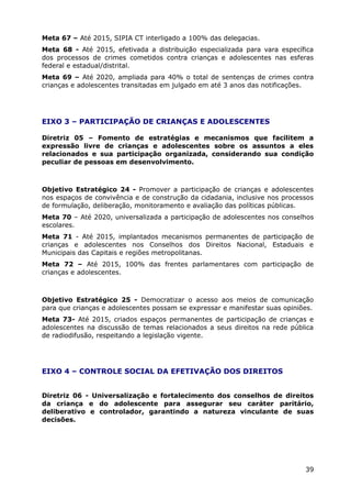 Meta 67 – Até 2015, SIPIA CT interligado a 100% das delegacias.
Meta 68 - Até 2015, efetivada a distribuição especializada para vara específica
dos processos de crimes cometidos contra crianças e adolescentes nas esferas
federal e estadual/distrital.
Meta 69 – Até 2020, ampliada para 40% o total de sentenças de crimes contra
crianças e adolescentes transitadas em julgado em até 3 anos das notificações.
EIXO 3 – PARTICIPAÇÃO DE CRIANÇAS E ADOLESCENTES
Diretriz 05 – Fomento de estratégias e mecanismos que facilitem a
expressão livre de crianças e adolescentes sobre os assuntos a eles
relacionados e sua participação organizada, considerando sua condição
peculiar de pessoas em desenvolvimento.
Objetivo Estratégico 24 - Promover a participação de crianças e adolescentes
nos espaços de convivência e de construção da cidadania, inclusive nos processos
de formulação, deliberação, monitoramento e avaliação das políticas públicas.
Meta 70 – Até 2020, universalizada a participação de adolescentes nos conselhos
escolares.
Meta 71 - Até 2015, implantados mecanismos permanentes de participação de
crianças e adolescentes nos Conselhos dos Direitos Nacional, Estaduais e
Municipais das Capitais e regiões metropolitanas.
Meta 72 – Até 2015, 100% das frentes parlamentares com participação de
crianças e adolescentes.
Objetivo Estratégico 25 - Democratizar o acesso aos meios de comunicação
para que crianças e adolescentes possam se expressar e manifestar suas opiniões.
Meta 73- Até 2015, criados espaços permanentes de participação de crianças e
adolescentes na discussão de temas relacionados a seus direitos na rede pública
de radiodifusão, respeitando a legislação vigente.
EIXO 4 – CONTROLE SOCIAL DA EFETIVAÇÃO DOS DIREITOS
Diretriz 06 - Universalização e fortalecimento dos conselhos de direitos
da criança e do adolescente para assegurar seu caráter paritário,
deliberativo e controlador, garantindo a natureza vinculante de suas
decisões.
39
 