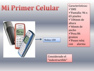 Considerado el
“indestructible”
Nokia 100
Características:
SMS
Pantalla: 96 x
65 pixeles
106mm de
altura
46mm de
ancho
Pesa 86
gramos
Posee reloj
con alarma
 