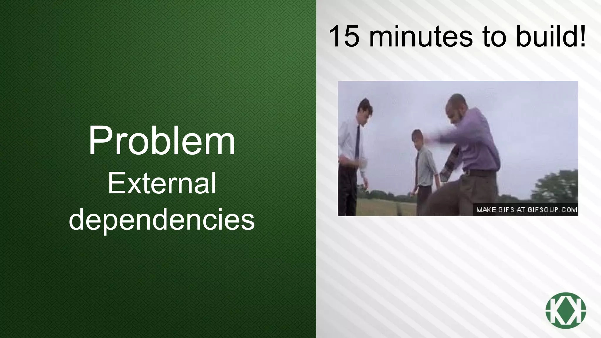 Problem
External
dependencies
15 minutes to build!
 