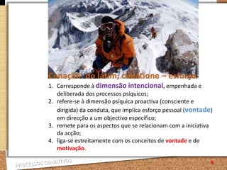 6Conação: do latim, conatione – esforço;Corresponde à dimensão intencional, empenhada e deliberada dos processos psíquicos; refere-se à dimensão psíquica proactiva (consciente e dirigida) da conduta, que implica esforço pessoal (vontade) em direcção a um objectivo específico; remete para os aspectos que se relacionam com a iniciativa da acção; liga-se estreitamente com os conceitos de vontade e de motivação.