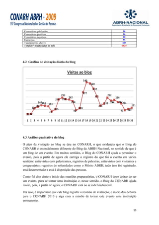 Comentários publicados                                                          16
 Comentários positivos                                                           16
 Comentários negativos                                                           00
 Categorias                                                                      55
 Tags (palavras-chave)                                                           487
 Total de Visualizações no mês                                                  6625




4.2 Gráfico de visitação diária do blog




4.3 Análise qualitativa do blog

O pico da visitação ao blog se deu no CONARH, o que evidencia que o Blog do
CONARH é essencialmente diferente do Blog da ABRH-Nacional, no sentido de que é
um blog de um evento. Em muitos sentidos, o Blog do CONARH ajuda a perenizar o
evento, pois a partir de agora ele carrega o registro do que foi o evento em vários
sentidos: entrevistas com palestrantes, registros de palestras, entrevistas com visitantes e
congressistas, registros de solenidades como o Mérito ABRH, tudo isso foi registrado,
está documentado e está à disposição das pessoas.

Como foi dito deste o início das reuniões preparatórias, o CONARH deve deixar de ser
um evento, para se tornar uma instituição e, nesse sentido, o Blog do CONARH ajuda
muito, pois, a partir de agora, o CONARH está no ar indefinidamente.

Por isso, é importante que este blog registre a reunião de avaliação, o início dos debates
para o CONARH 2010 e siga com a missão de tornar este evento uma instituição
permanente.

                                                                                         13
 