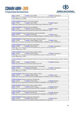 Data: 17/08/09          Assunto: Labor ABRH                          Veículo: Comunique-se
Link: http://www.comunique-se.com.br/conteudo/materia_prima/ver_materia_prima.asp?
menu=MP&id_post=138004

Título da Matéria: Demissões visam reduzir salários
Data: 17/08/09              Assunto: Labor ABRH                          Veículo: Pingado
Link: http://pingado.terra.com.br/noticias/mostraNoticia.asp?=&idNoticia=26855

Título da Matéria: Na dúvida, pense no trabalhador
Data: 17/08/09              Assunto: Françoise Trapernard                Veículo: Pingado
Link: http://pingado.terra.com.br/noticias/mostraNoticia.asp?=&idNoticia=26852

Título da Matéria: Empresas têm poder para mudar a humanidade
Data: 17/08/09           Assunto: José Bologna                      Veículo: Jornow
Link: http://www.jornow.com.br/jornow/noticia.php?idempresa=1564&num_release=7010&ori=H

Título da Matéria: Geração "Game Over" agita a vida das empresas
Data: 17/08/09           Assunto: Andréa Huggard - Caine            Veículo: Jornow
Link: http://www.jornow.com.br/jornow/noticia.php?idempresa=1564&num_release=7003&ori=H

Título da Matéria: Empresas impessoais são hipócritas
Data: 17/08/09          Assunto: Carlos Faccina                      Veículo: Comunique-se
Link: http://www.comunique-se.com.br/conteudo/materia_prima/ver_materia_prima.asp?
menu=MP&id_post=138057

Título da Matéria: Papel do líder começa a mudar no Brasil
Data: 17/08/09           Assunto: André Camargo                      Veículo: Comunique-se
Link: http://www.comunique-se.com.br/conteudo/materia_prima/ver_materia_prima.asp?
menu=MP&id_post=138051

Título da Matéria: Françoise Trapenard, Sonia Hess de Souza, John Wells, Fernando Henrique Cardoso e Simone
Rocha
Data: 17/08/09             Assunto: CONARH                              Veículo: Penultimas
Link: http://penultimas.uol.com.br/Noticias.asp?Corpo=6727

Título da Matéria: Empresas têm poder para mudar a humanidade
Data: 17/08/09          Assunto: José Bologna                        Veículo: Comunique-se
Link: http://www.comunique-se.com.br/conteudo/materia_prima/ver_materia_prima.asp?
menu=MP&id_post=138030

Título da Matéria: Papel do líder começa a mudar no Brasil
Data: 17/08/09           Assunto: André Camargo                     Veículo: Jornow
Link: http://www.jornow.com.br/jornow/noticia.php?idempresa=1564&num_release=7020&ori=P

Título da Matéria: Empresas impessoais são hipócritas
Data: 17/08/09          Assunto: Carlos Faccina                  Veículo: MaxPress
Link: http://www.maxpressnet.com.br/noticia.asp?TIPO=PA&SQINF=391855&EDIT=ER

Título da Matéria: Papel do líder começa a mudar no Brasil
Data: 17/08/09           Assunto: André Camargo                  Veículo: MaxPress
Link: http://www.maxpressnet.com.br/noticia.asp?TIPO=PA&SQINF=391855&EDIT=ER

Título da Matéria: Empresas têm poder para mudar a humanidade
Data: 17/08/09          Assunto: José Bologna                    Veículo: MaxPress
Link: http://www.maxpressnet.com.br/noticia.asp?TIPO=PA&SQINF=391825&EDIT=ER

Título da Matéria: Empresas impessoais são hipócritas
Data: 17/08/09            Assunto: Carlos Faccina                       Veículo: Quaero
Link: http://imprensa.quaero.com.br/empresas/empresas-impessoais-sao-hipocritas



                                                                                                         23
 