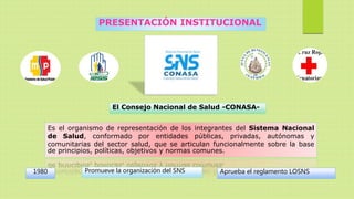 PRESENTACIÓN INSTITUCIONAL
El Consejo Nacional de Salud -CONASA-
Es el organismo de representación de los integrantes del Sistema Nacional
de Salud, conformado por entidades públicas, privadas, autónomas y
comunitarias del sector salud, que se articulan funcionalmente sobre la base
de principios, políticas, objetivos y normas comunes.
1980 Promueve la organización del SNS Aprueba el reglamento LOSNS
 