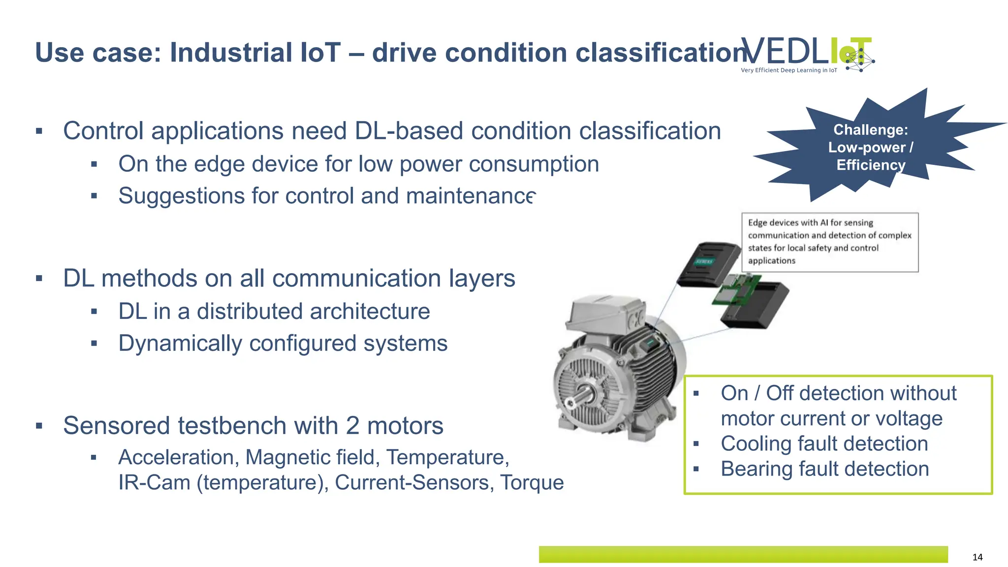 14
▪ Control applications need DL-based condition classification
▪ On the edge device for low power consumption
▪ Suggestions for control and maintenance
▪ DL methods on all communication layers
▪ DL in a distributed architecture
▪ Dynamically configured systems
▪ Sensored testbench with 2 motors
▪ Acceleration, Magnetic field, Temperature,
IR-Cam (temperature), Current-Sensors, Torque
Use case: Industrial IoT – drive condition classification
▪ On / Off detection without
motor current or voltage
▪ Cooling fault detection
▪ Bearing fault detection
Challenge:
Low-power /
Efficiency
 