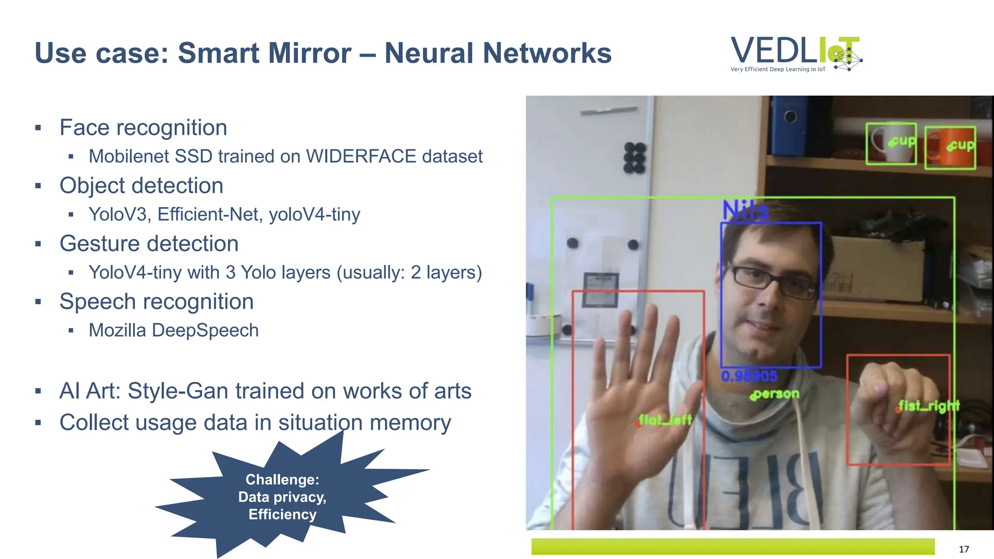 17
▪ Face recognition
▪ Mobilenet SSD trained on WIDERFACE dataset
▪ Object detection
▪ YoloV3, Efficient-Net, yoloV4-tiny
▪ Gesture detection
▪ YoloV4-tiny with 3 Yolo layers (usually: 2 layers)
▪ Speech recognition
▪ Mozilla DeepSpeech
▪ AI Art: Style-Gan trained on works of arts
▪ Collect usage data in situation memory
Use case: Smart Mirror – Neural Networks
Challenge:
Data privacy,
Efficiency
 